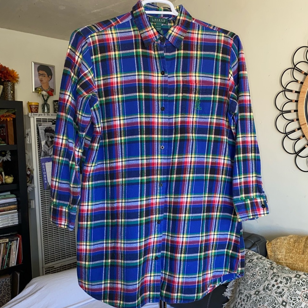 Preppy Polo Ralph Lauren Blue Plaid Flannel Button Front Shirt Size Large